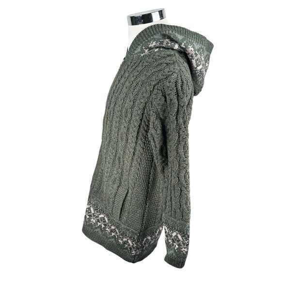 Aran Crafts Merino Fair Isle Zip Cardigan Sweater Women’s Small Green Hood New - Picture 4 of 9